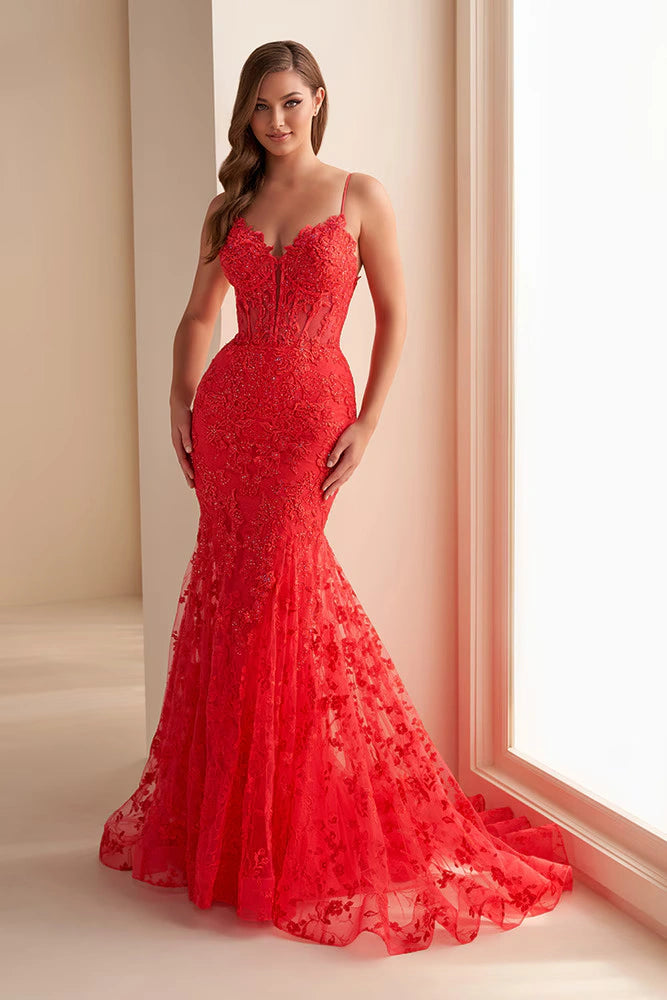Ellie Wilde EW36008 Corset Bodice Gown in light yellow with lace-up back and glitter tulle details. Perfect for prom.  Model is wearing the dress in the color strawberry.