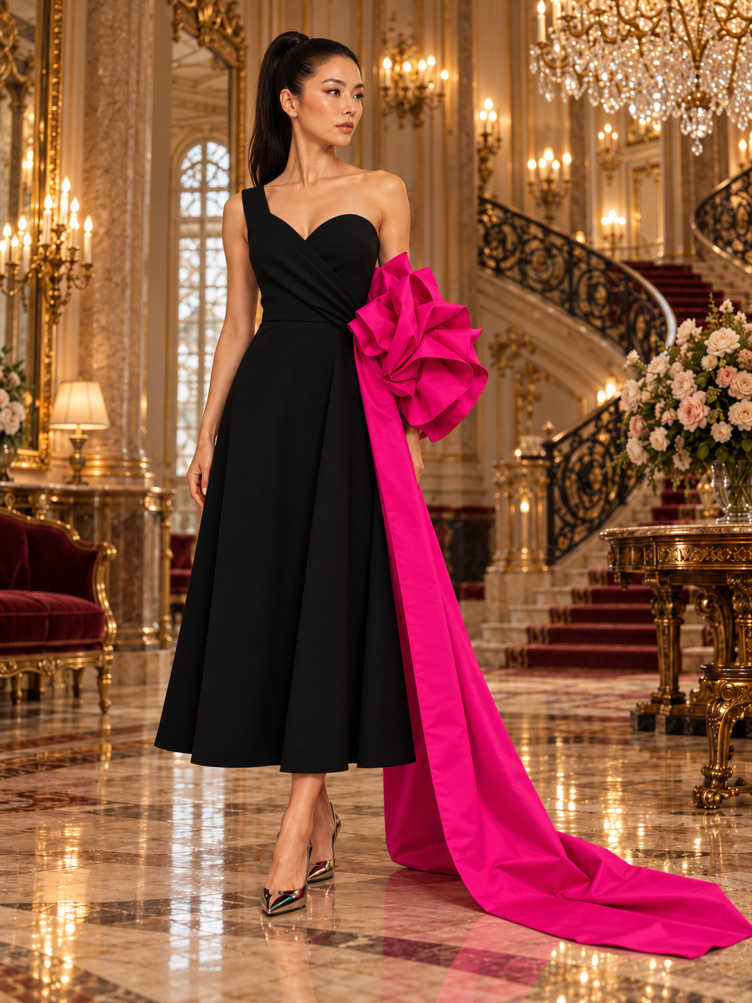 Greta Constantine - Veeta - Asymmetrical Midi-Dress with Flourish