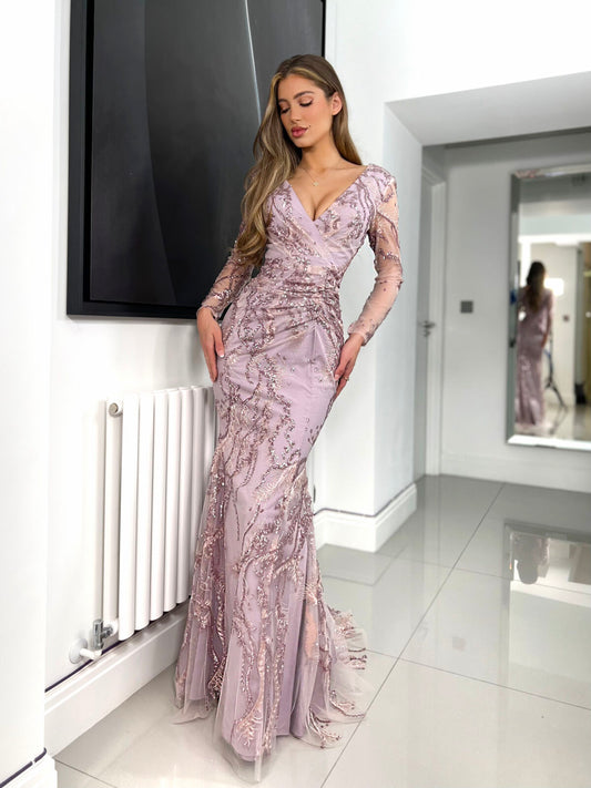 Jadore JX6092 Navy, Dusty Mauve, and Forrest Green Beaded Lace Dress with V-Neckline, Sheer Sleeves, and Ruching. Padded Bust, Small Train, and Center Back Zip. Sold by Madeline's Boutique in Toronto, Canada and Boca Raton, Florida.