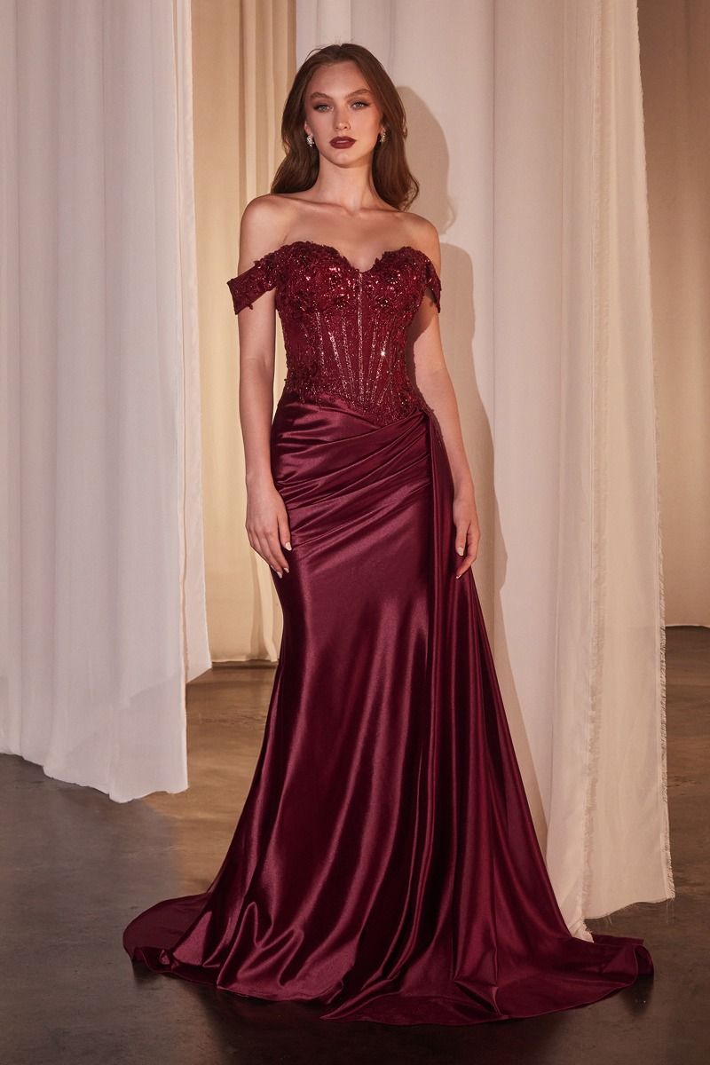 Ladivine CD803 Off-the-Shoulder Gown in burgundy - A fitted gown with a lace bodice, satin skirt, and off-the-shoulder design.