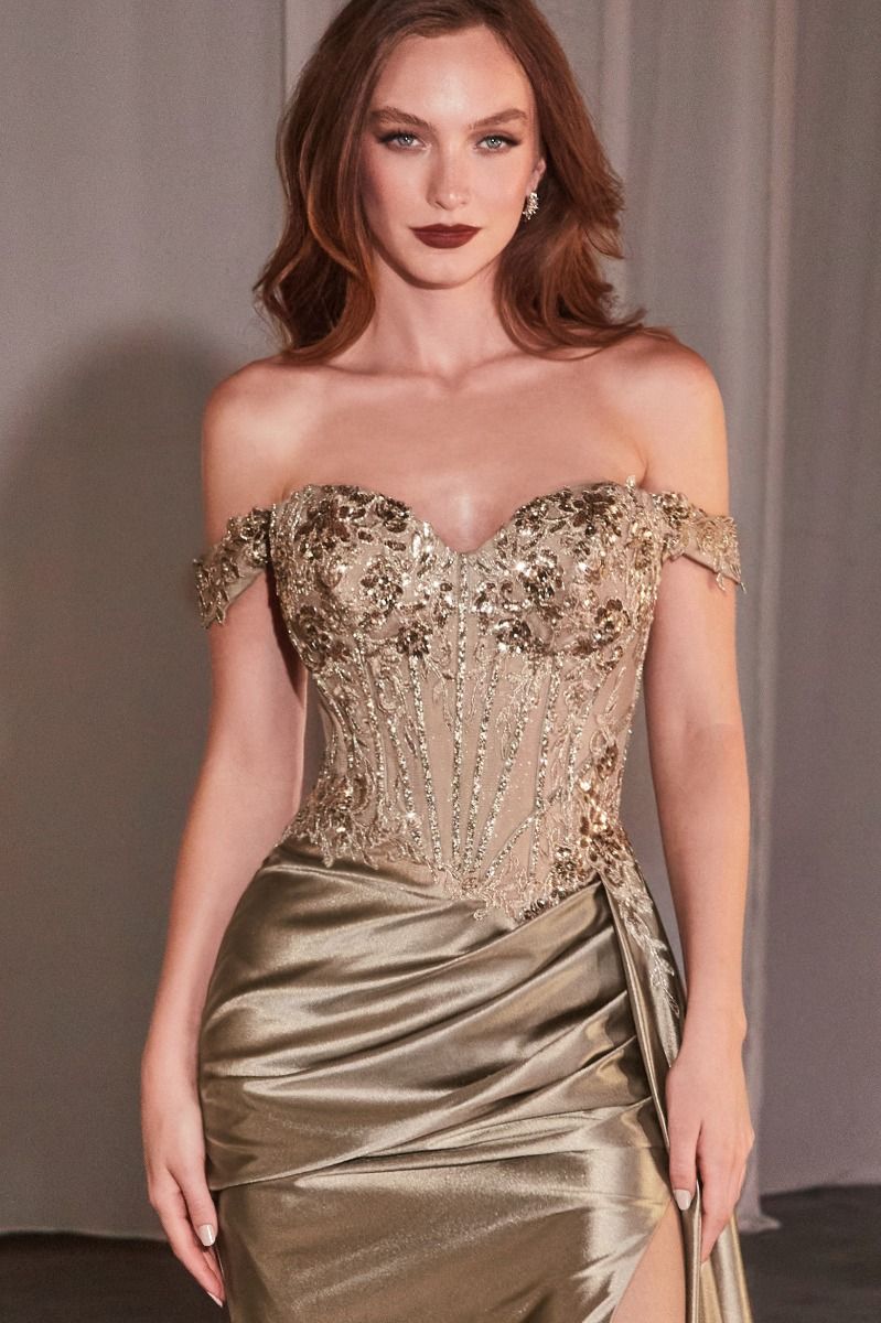 Ladivine CD803 Off-the-Shoulder Gown in Mocha Gold - A fitted gown with a lace bodice, satin skirt, and off-the-shoulder design.