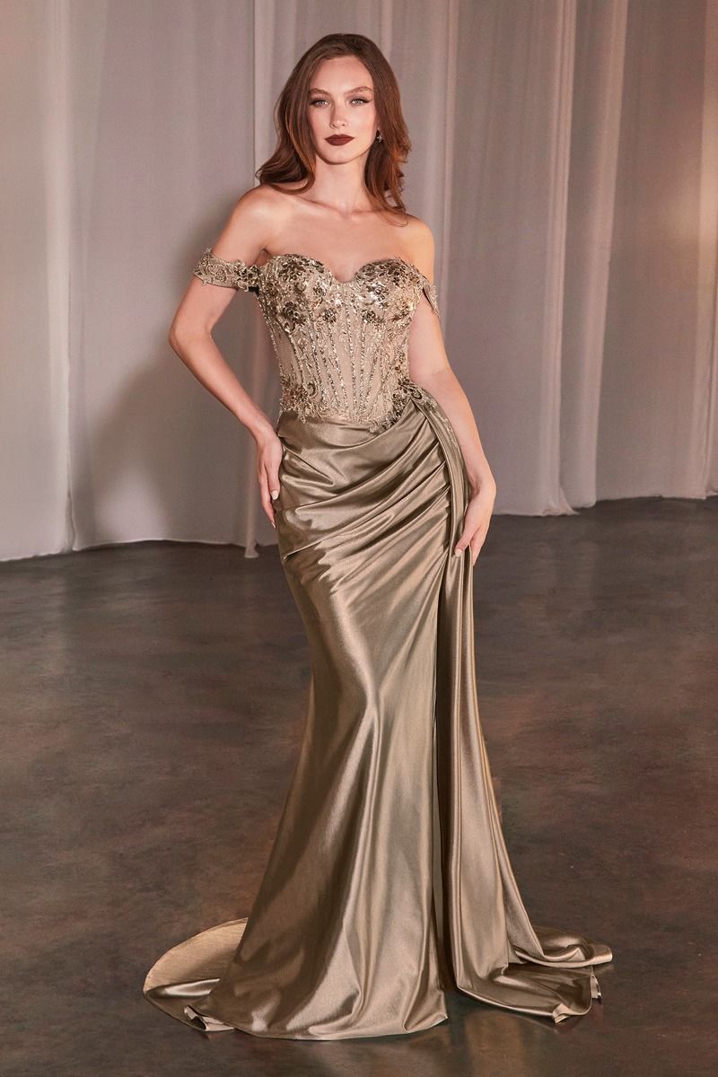 Ladivine CD803 Off-the-Shoulder Gown in Mocha Gold - A fitted gown with a lace bodice, satin skirt, and off-the-shoulder design.