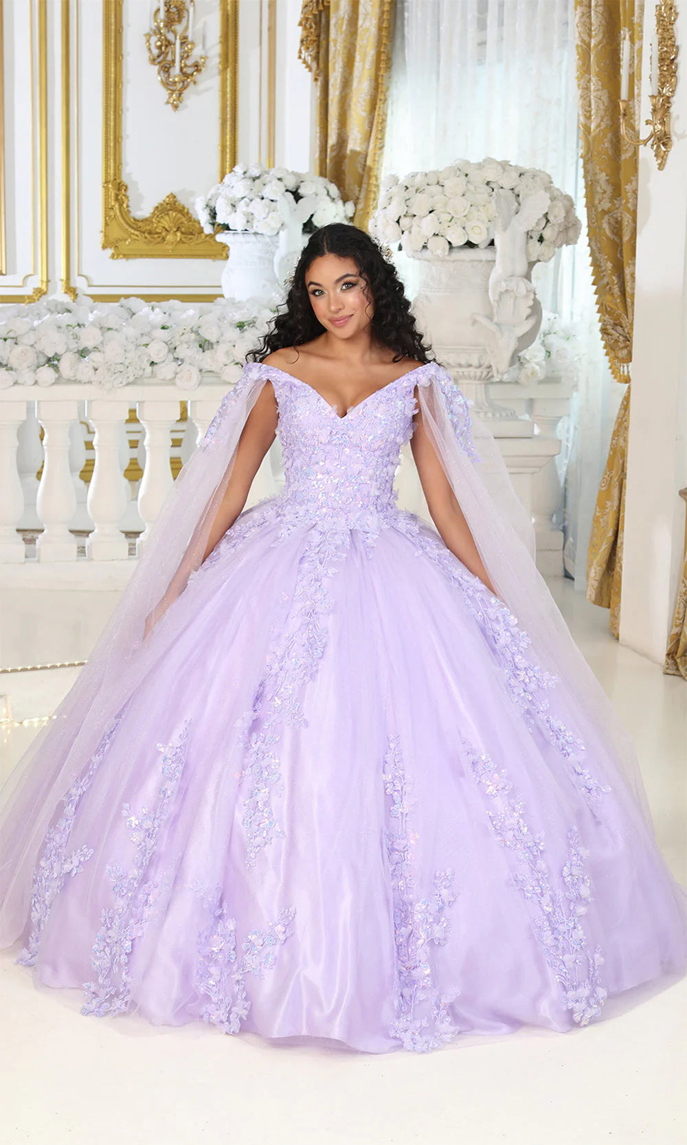 May Queen LK193 Quinceañera Gown with 3D Floral Appliques – Elegant glitter tulle gown featuring off-the-shoulder design, V-cut top, and romantic floral appliques.