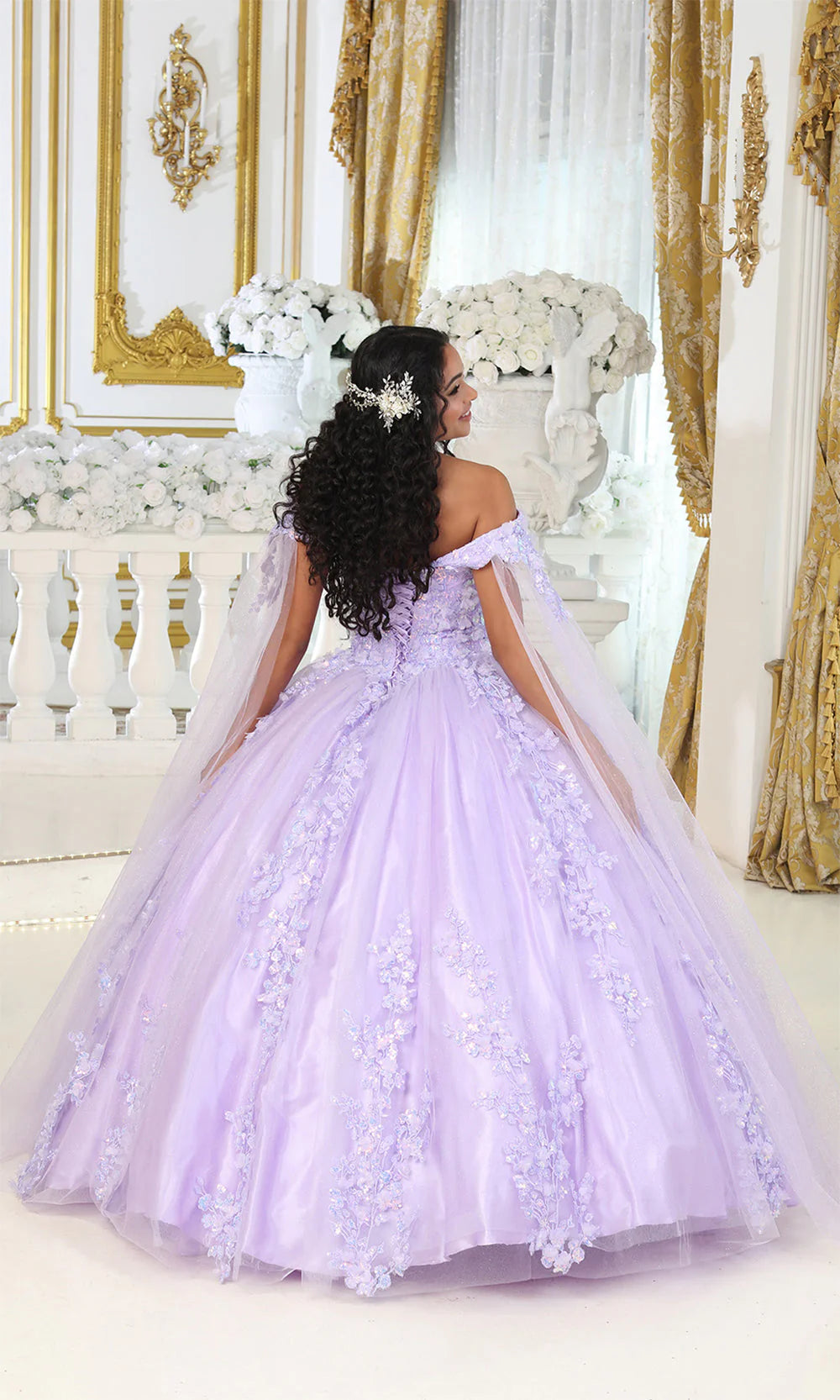 May Queen LK193 Quinceañera Gown with 3D Floral Appliques – Elegant glitter tulle gown featuring off-the-shoulder design, V-cut top, and romantic floral appliques.