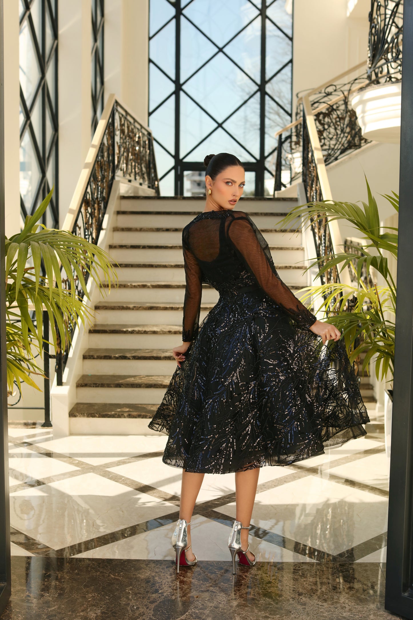 Nicoletta LUX011 Beaded Tulle A-Line Dress - Square Neckline, Tea Length, Sparkling Sequin Embellishments - Perfect for Special Occasions, Red Carpet, and Wedding Guests.