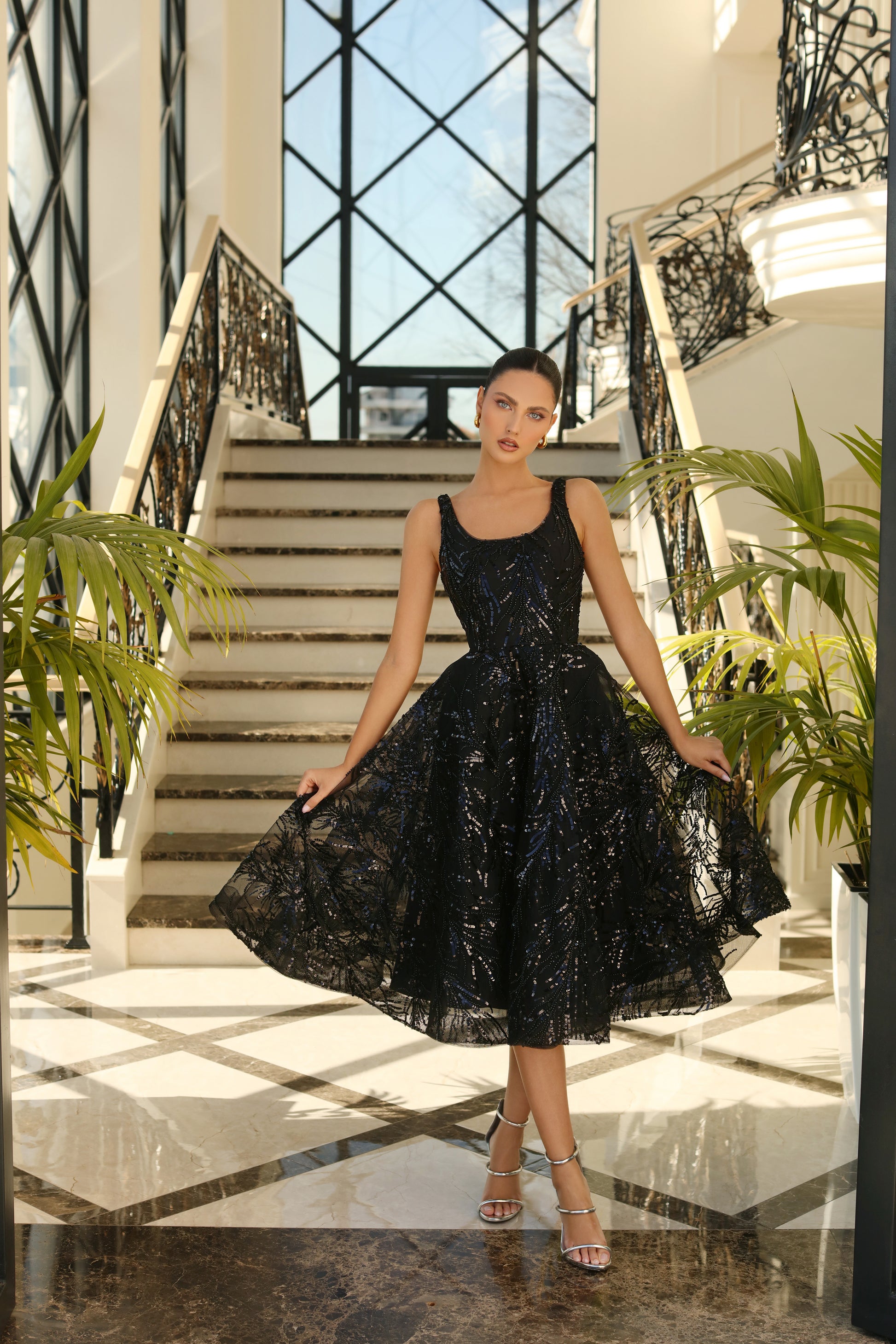 Nicoletta LUX011 Beaded Tulle A-Line Dress - Square Neckline, Tea Length, Sparkling Sequin Embellishments - Perfect for Special Occasions, Red Carpet, and Wedding Guests.