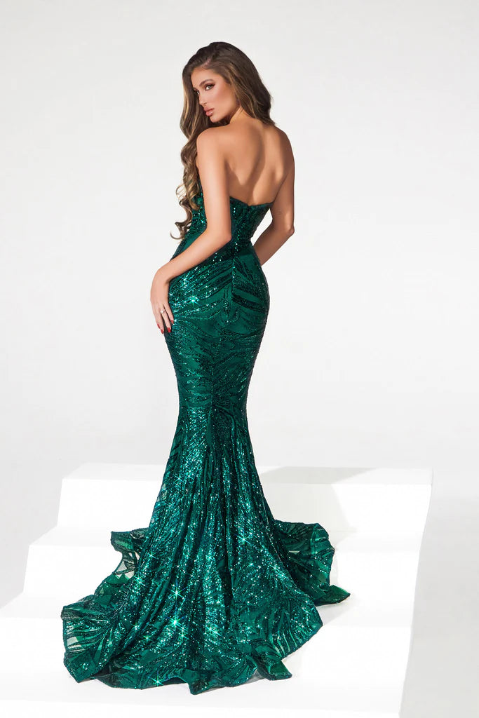 Portia & Scarlett PS22538 - A captivating multi-color sequinned foliage evening gown with a plunging V neckline and mermaid silhouette. The model is wearing the dress in the color emerald.