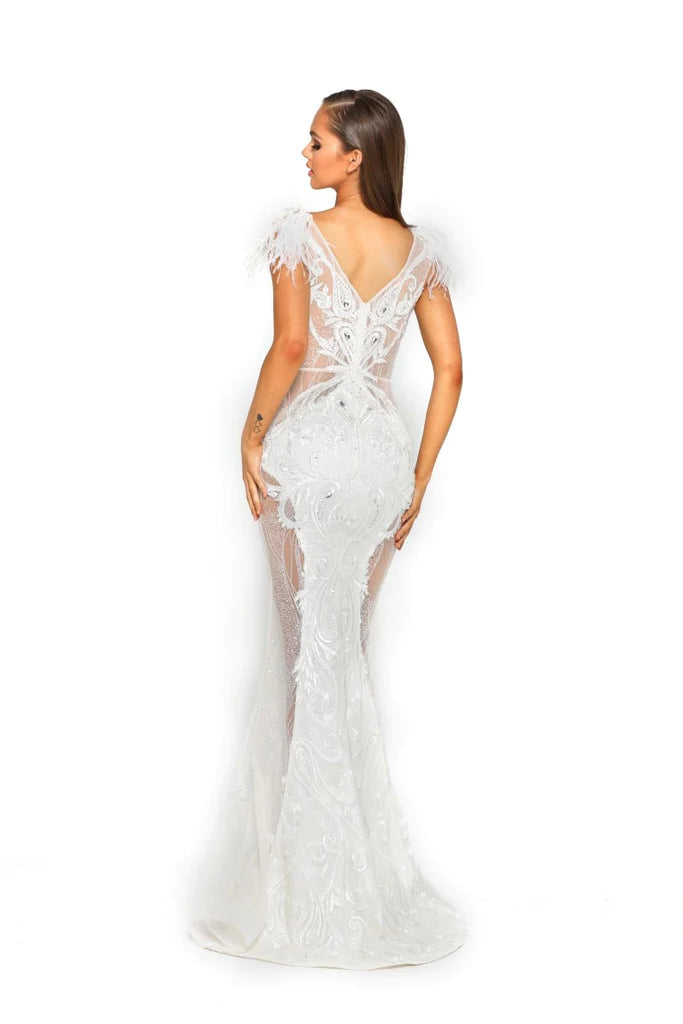 Portia & Scarlett PS1986 - An exquisite lace and feather detail evening gown, perfect for glamorous evenings and red carpet events.