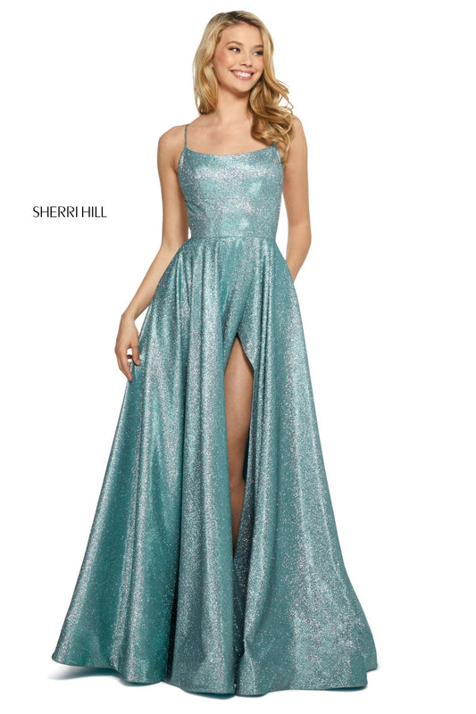 Sherri Hill 53118 Glitter Gown - Elegant gown with strappy lace-up back, high slit, and shimmering fabric, perfect for prom and evening events.