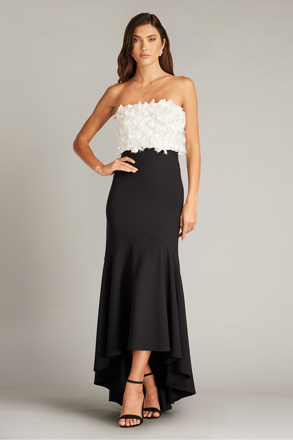 Tadashi Shoji CCE23423MDX Floral Embellished Strapless Gown - A sophisticated black and white gown featuring a floral-adorned strapless bodice, ideal for evening events.