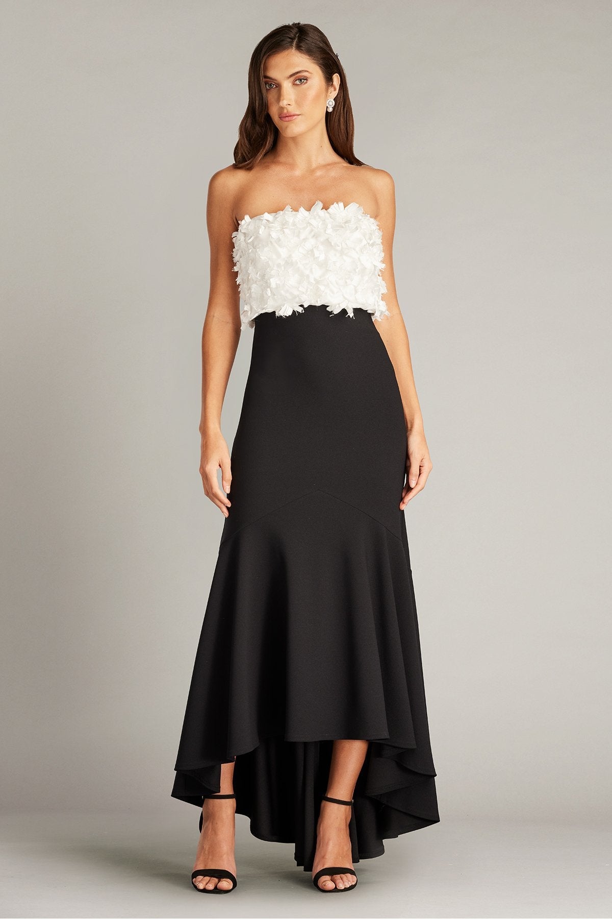 Tadashi Shoji CCE23423MDX Floral Embellished Strapless Gown - A sophisticated black and white gown featuring a floral-adorned strapless bodice, ideal for evening events.