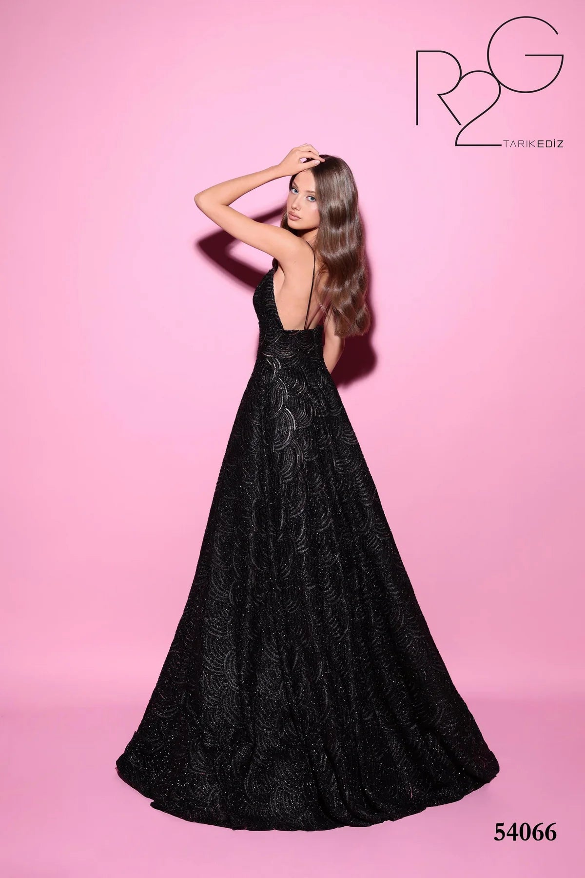 Tarik Ediz 54066 Elegant Evening Gown - Black gown with intricate detailing, plunging neckline, and flowing skirt for formal events.