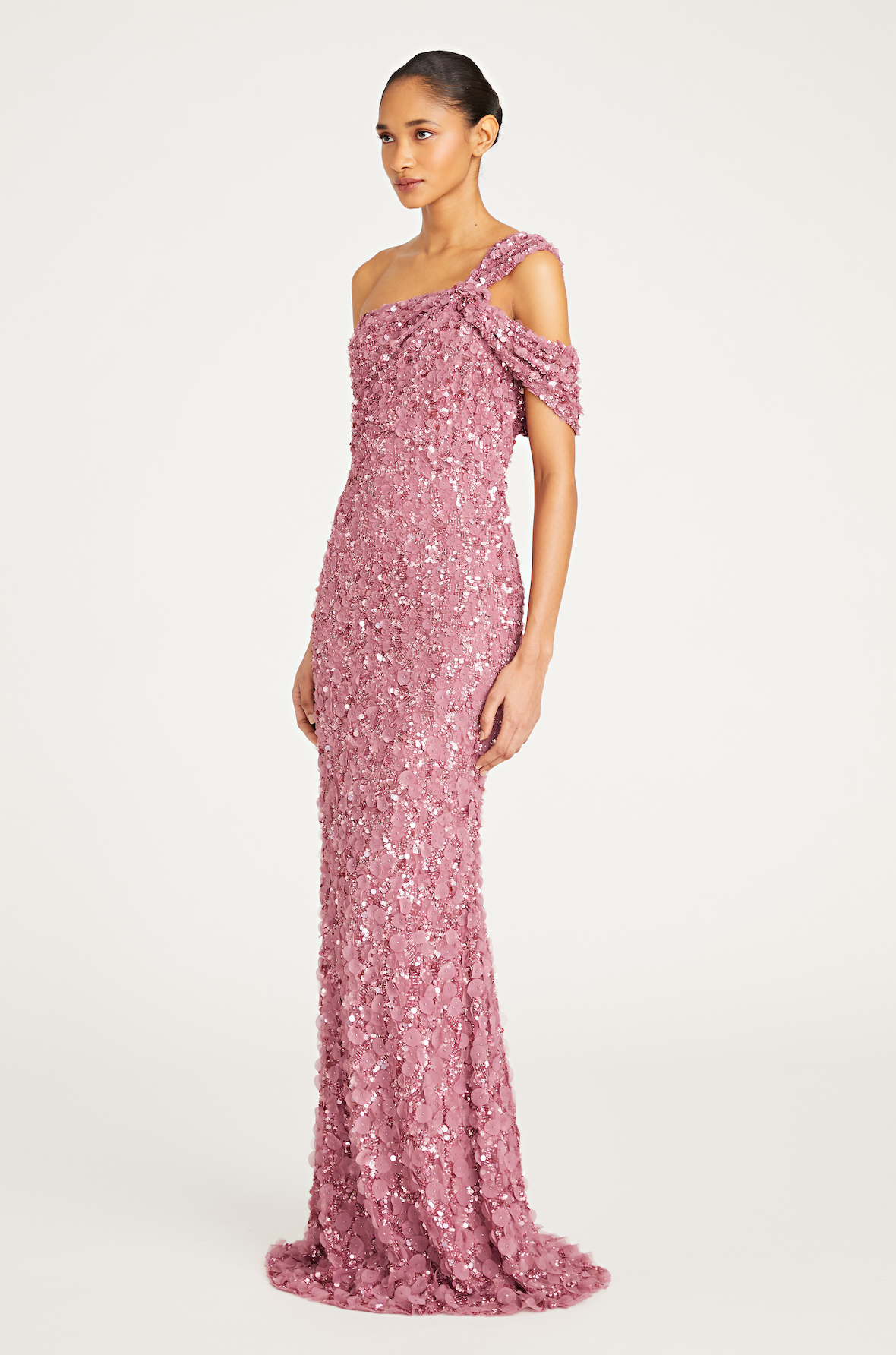 Theia 8819883 One-Shoulder Beaded Gown, a stunning gown featuring intricate beadwork and 3D flower petals, ideal for special occasions and mothers of the bride or groom.