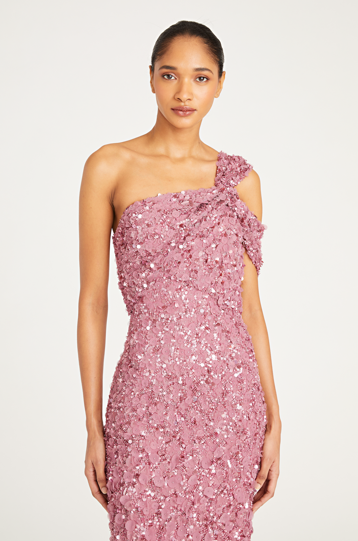 Theia 8819883 One-Shoulder Beaded Gown, a stunning gown featuring intricate beadwork and 3D flower petals, ideal for special occasions and mothers of the bride or groom.