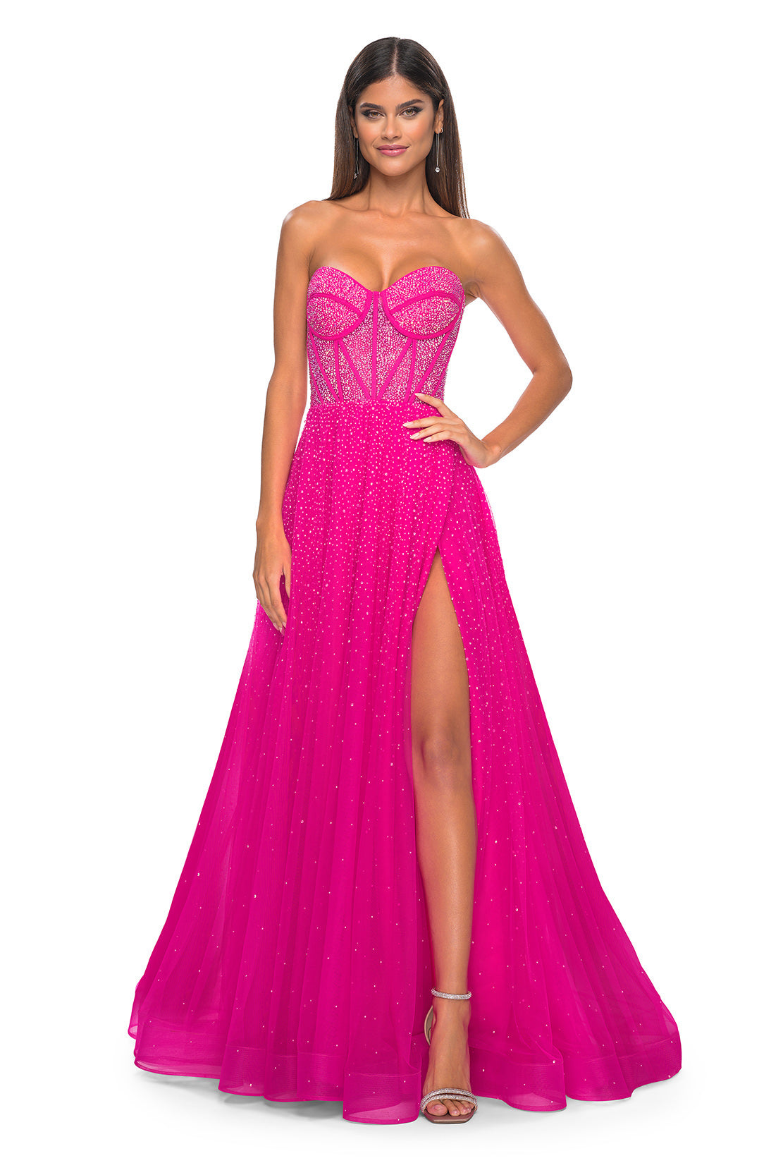 La Femme 32278 - Alluring A-line tulle prom gown with rhinestone embellishments, high slit, and corset illusion details for a glamorous and enchanting look.