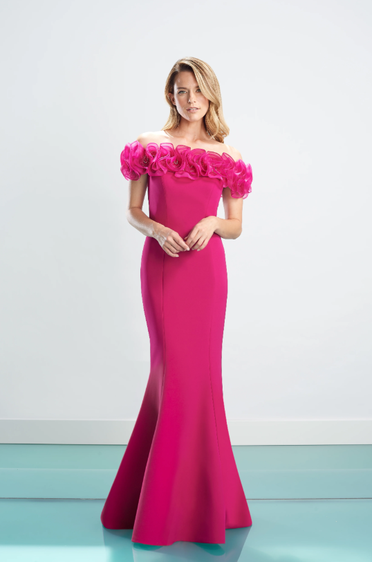 Alexander by Daymor 1461 Navy White Off-Shoulder Evening Gown - A stunning gown with an off-shoulder neckline, white ruffles, fitted bodice, and floor-length skirt with a subtle train.