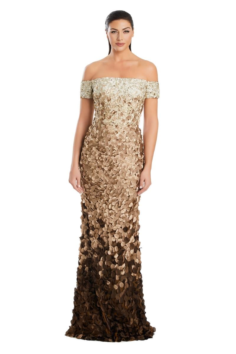 Model wearing Alexander by Daymor 3063S25 off-the-shoulder gown with floral appliqué detailing, fitted silhouette, and floor-length skirt.