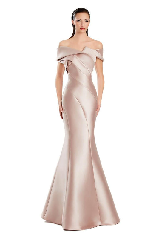 Model wearing Alexander By Daymor 3079CS25 evening gown featuring an off-the-shoulder pleated neckline and flared hemline.