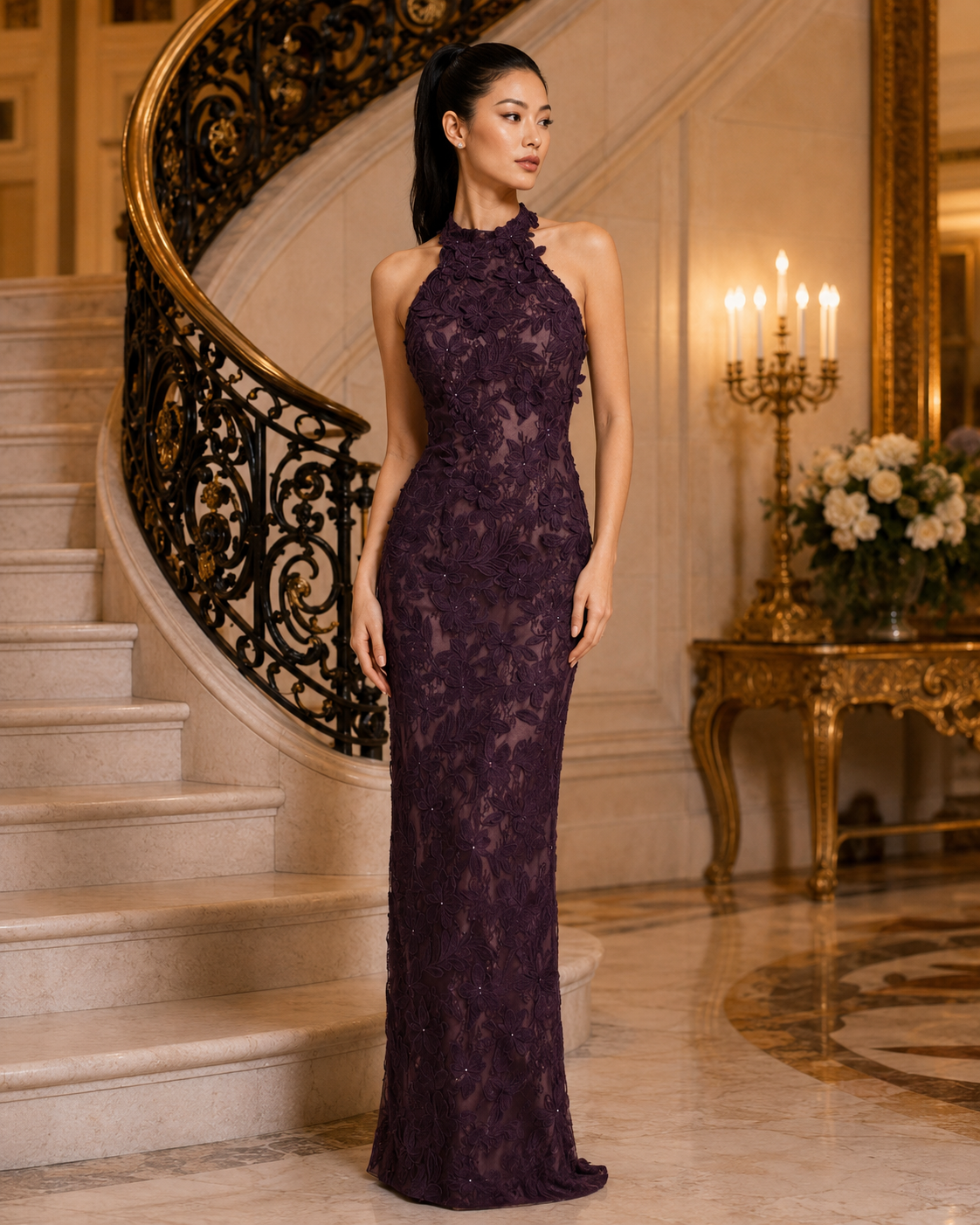 A woman stands in a grand interior with a staircase and candelabra, wearing a floor-length aubergine lace gown with a high halter neckline.