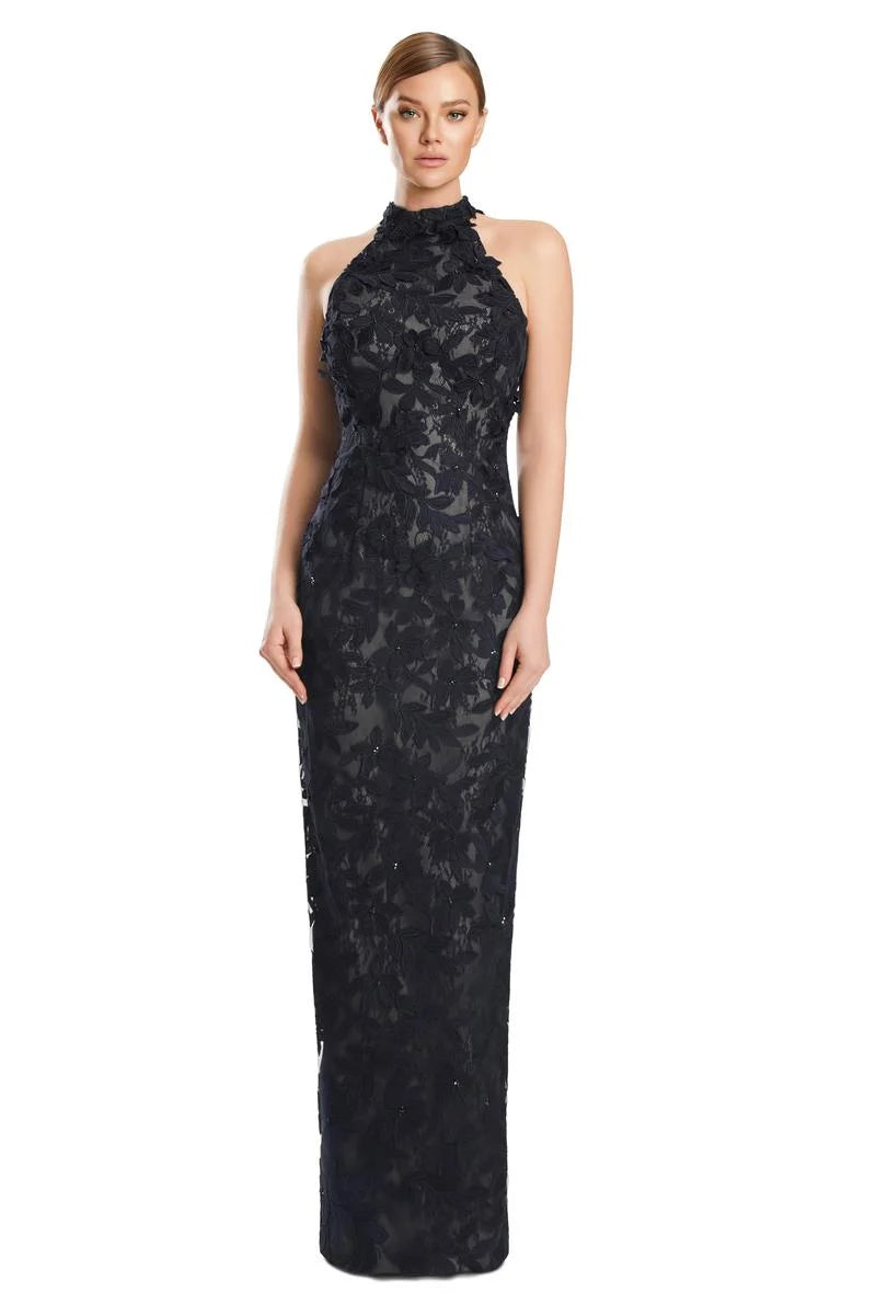 Black lace evening gown on a white background
