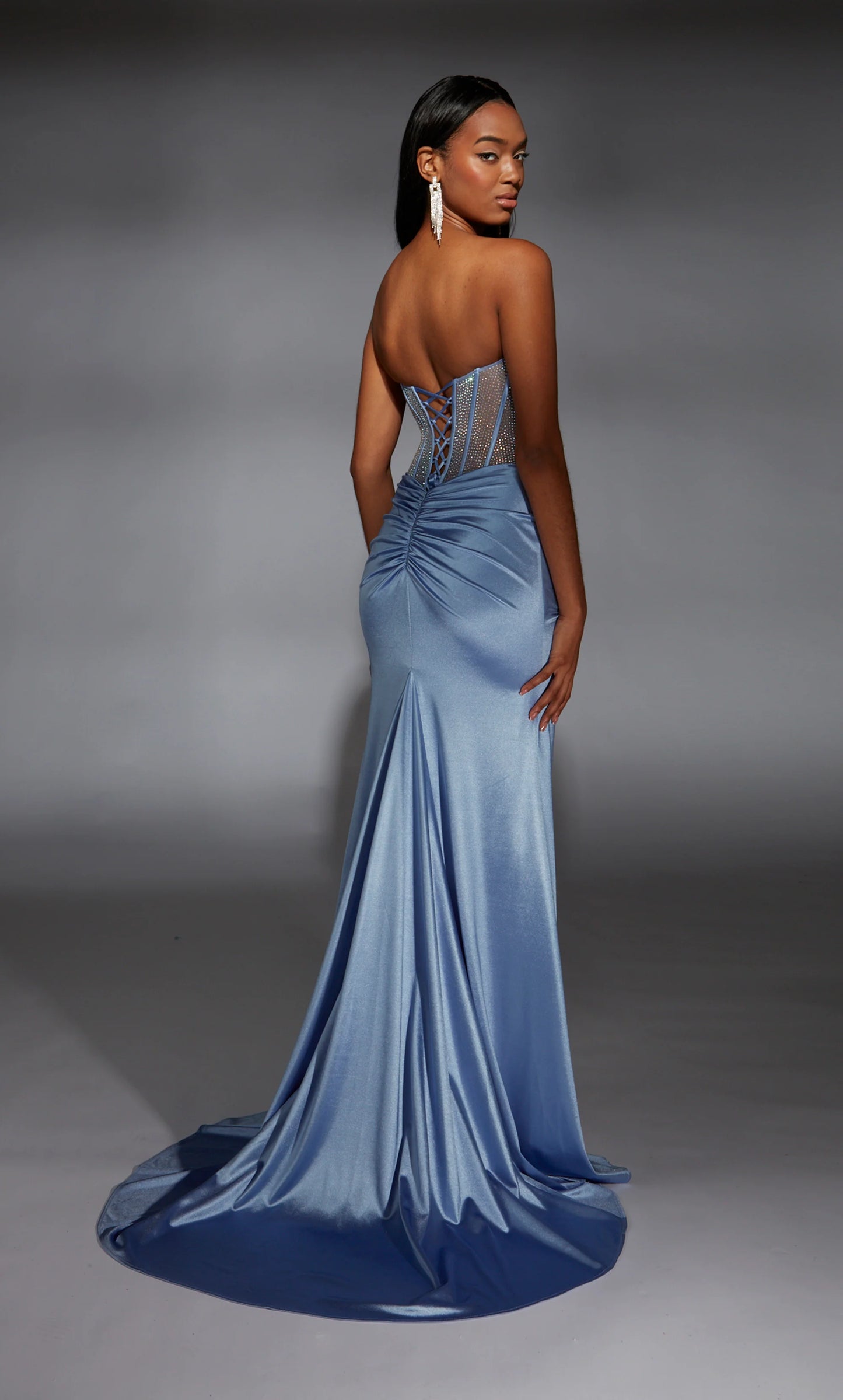 Alyce Paris 61863 Strapless Stretch Satin Gown featuring an illusion bodice, lace-up back, and thigh-high slit.