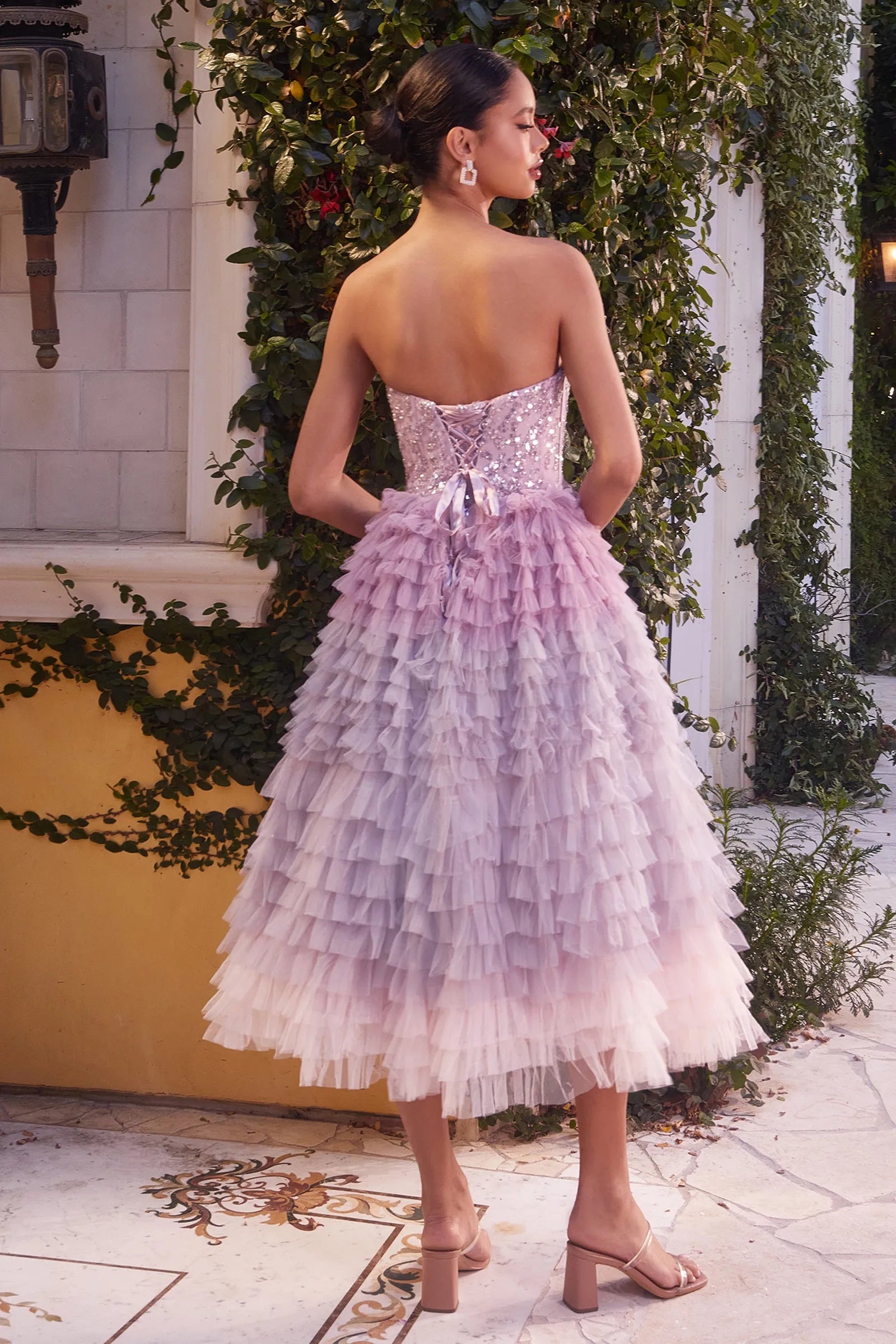 Andrea & Leo A1309 - A strapless tea length evening gown with a beaded bodice and ruffled tulle skirt, perfect for a stylish and sophisticated look.