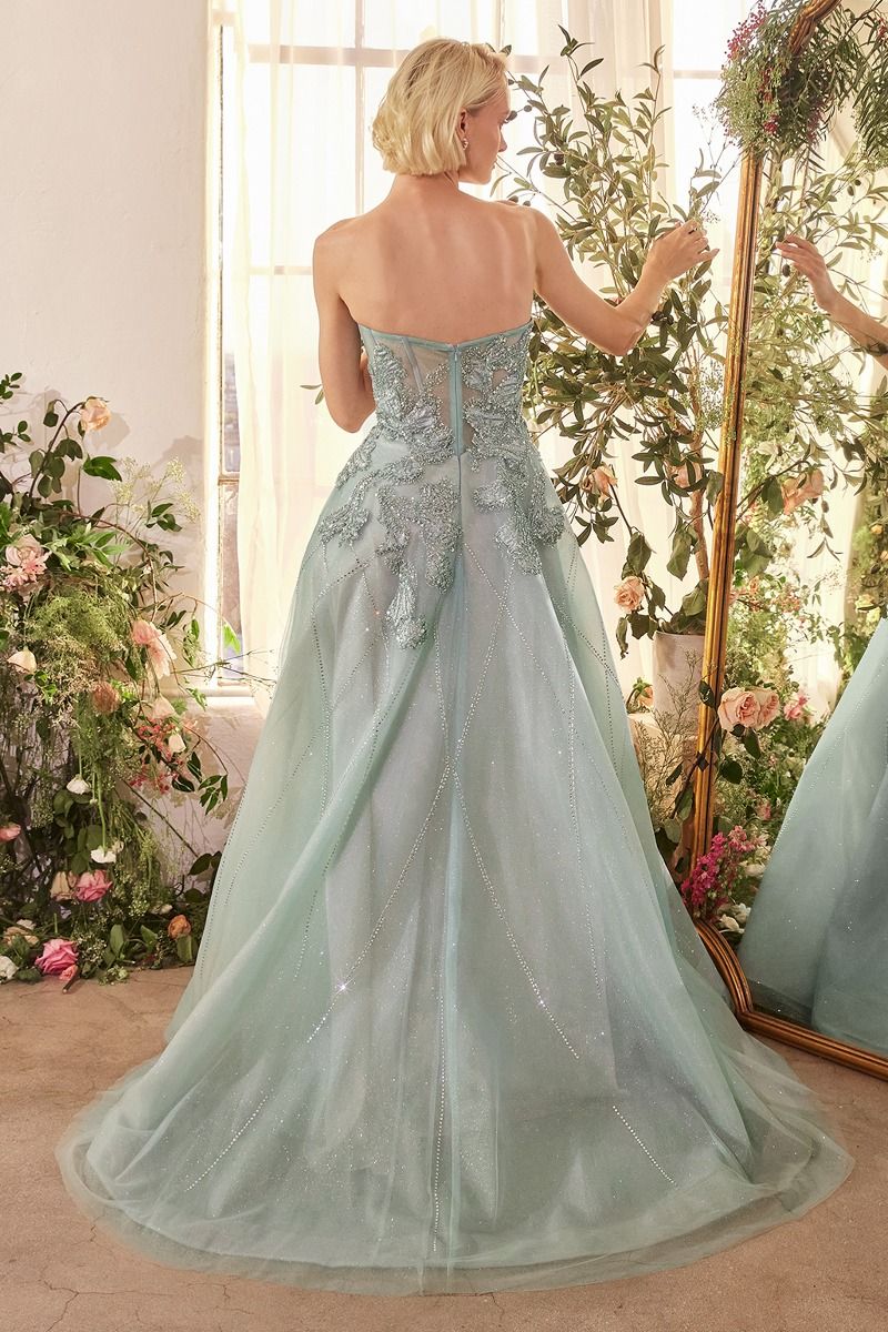 Andrea & Leo A1387 strapless sweetheart ball gown with an embellished bodice and shimmering skirt details, perfect for prom and formal evening events.  Model is wearing sage.  Back view.