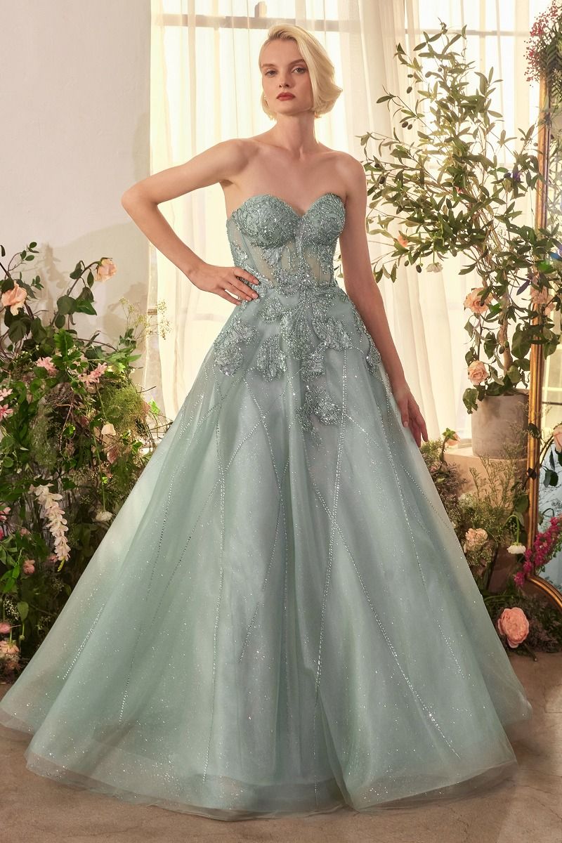 Andrea & Leo A1387 strapless sweetheart ball gown with an embellished bodice and shimmering skirt details, perfect for prom and formal evening events.  Model is wearing sage.