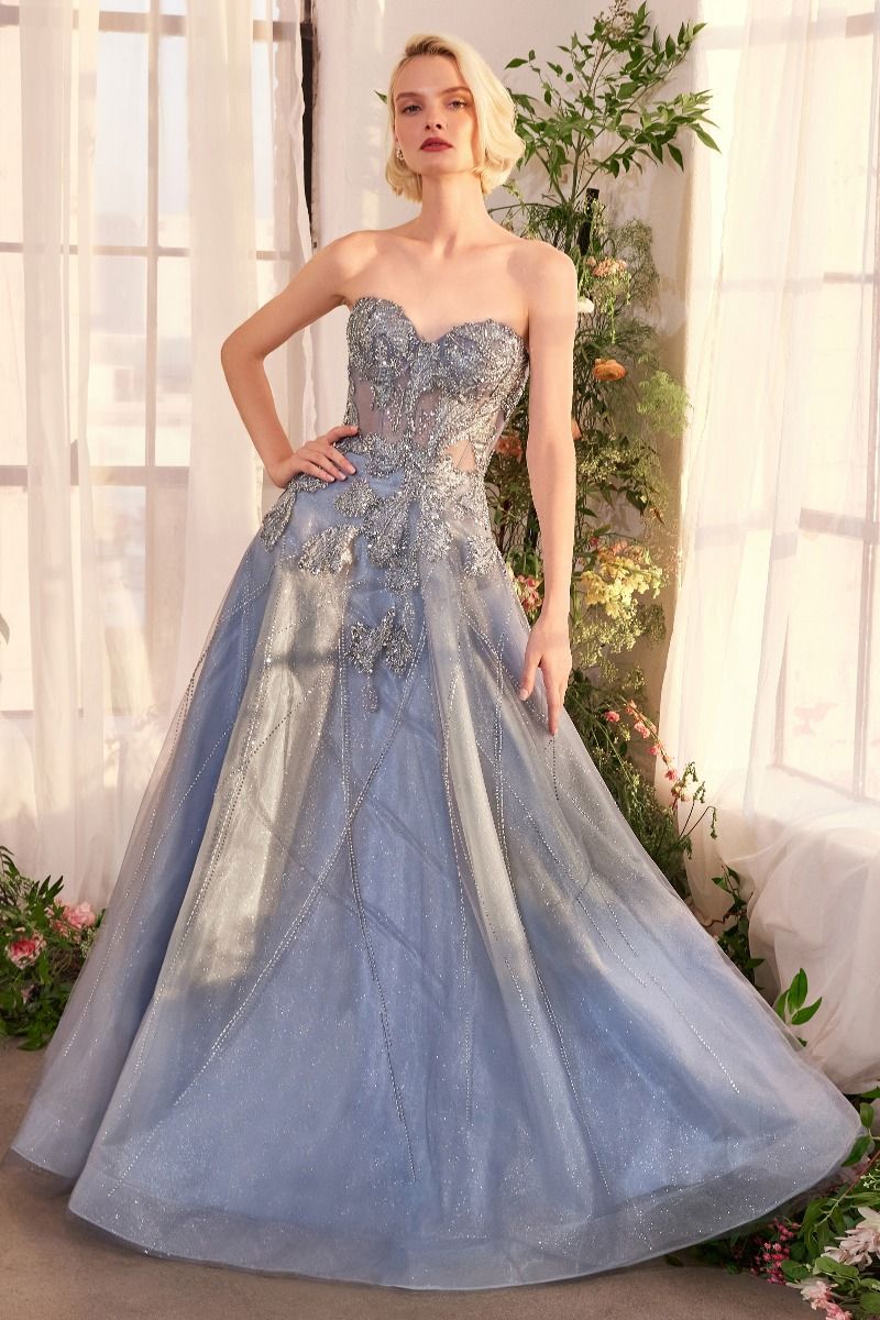 Andrea & Leo A1387 strapless sweetheart ball gown with an embellished bodice and shimmering skirt details, perfect for prom and formal evening events.  Model is wearing smoky blue.