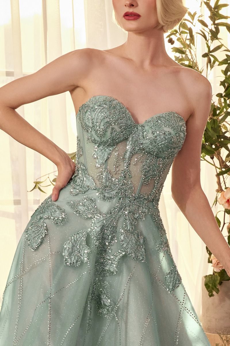 Andrea & Leo A1387 strapless sweetheart ball gown with an embellished bodice and shimmering skirt details, perfect for prom and formal evening events.  Model is wearing sage.  Close up.