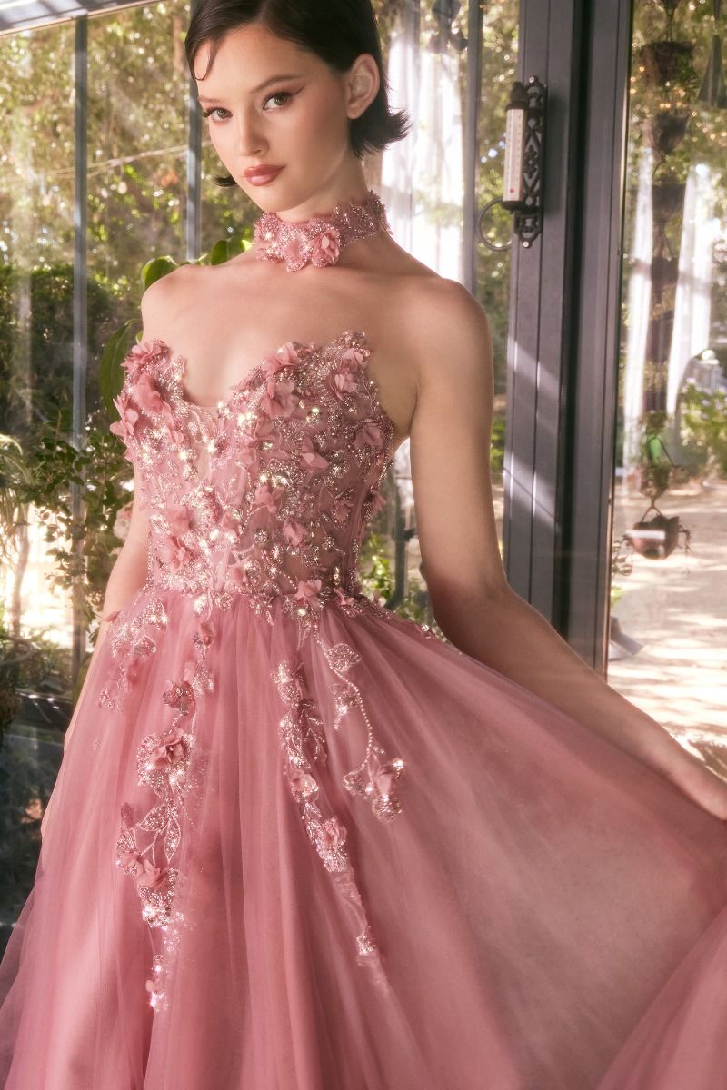 Andrea & Leo A1399 strapless embellished ballgown in dark sage with matching choker, perfect for prom and formal evening galas.