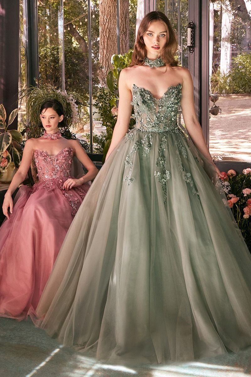 Andrea & Leo A1399 strapless embellished ballgown in dark sage with matching choker, perfect for prom and formal evening galas.