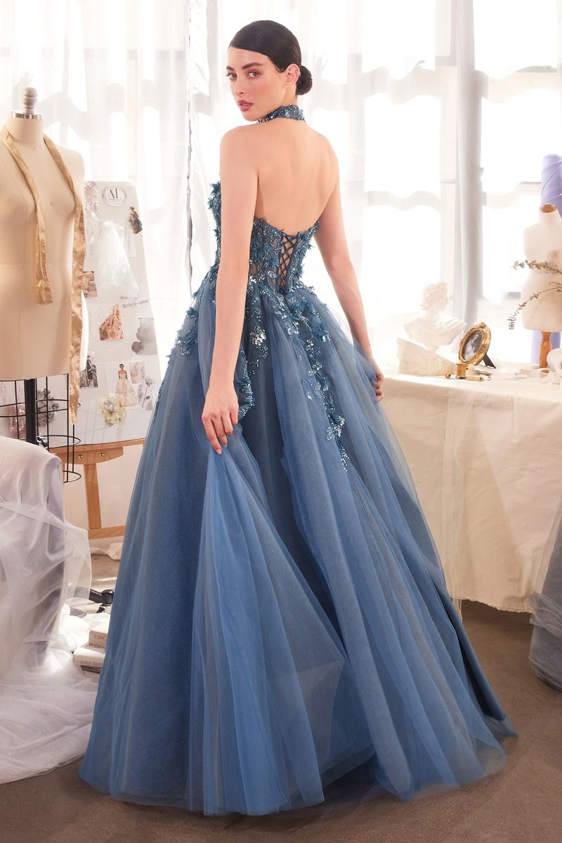 Andrea & Leo A1399 strapless embellished ballgown in dark sage with matching choker, perfect for prom and formal evening galas.