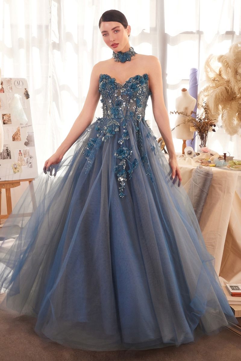 Andrea & Leo A1399 strapless embellished ballgown in dark sage with matching choker, perfect for prom and formal evening galas.