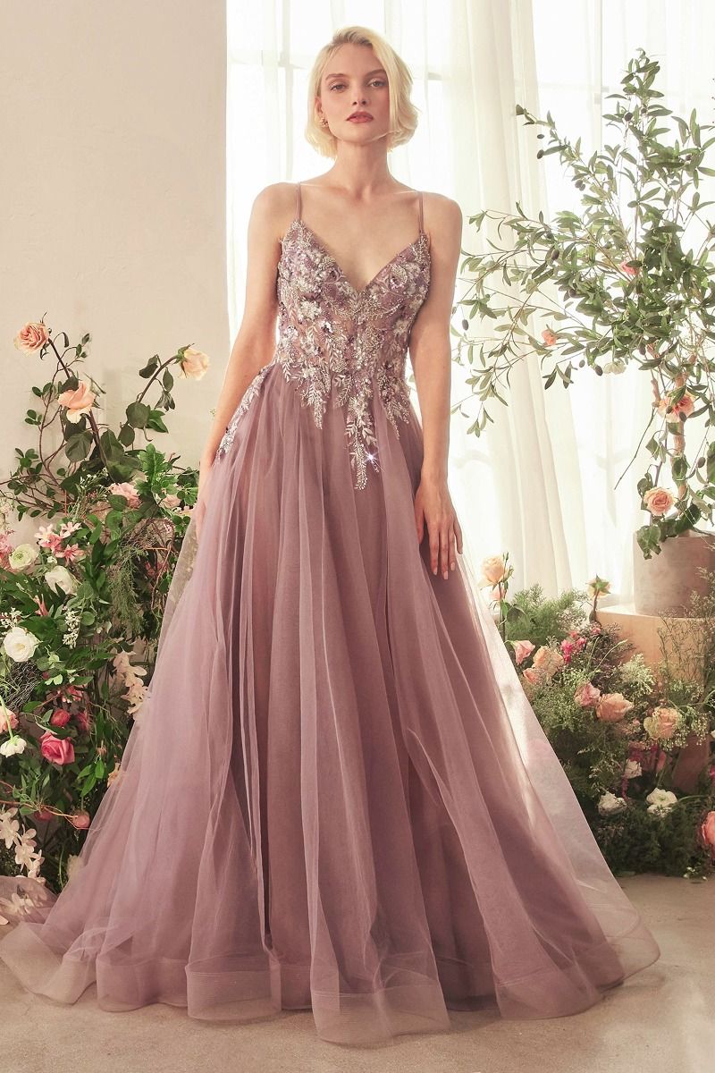Andrea & Leo A1419 A-line gown in English violet with embellished lace bodice, V-neckline, thin straps, and a keyhole open back. Perfect for prom and formal evenings.