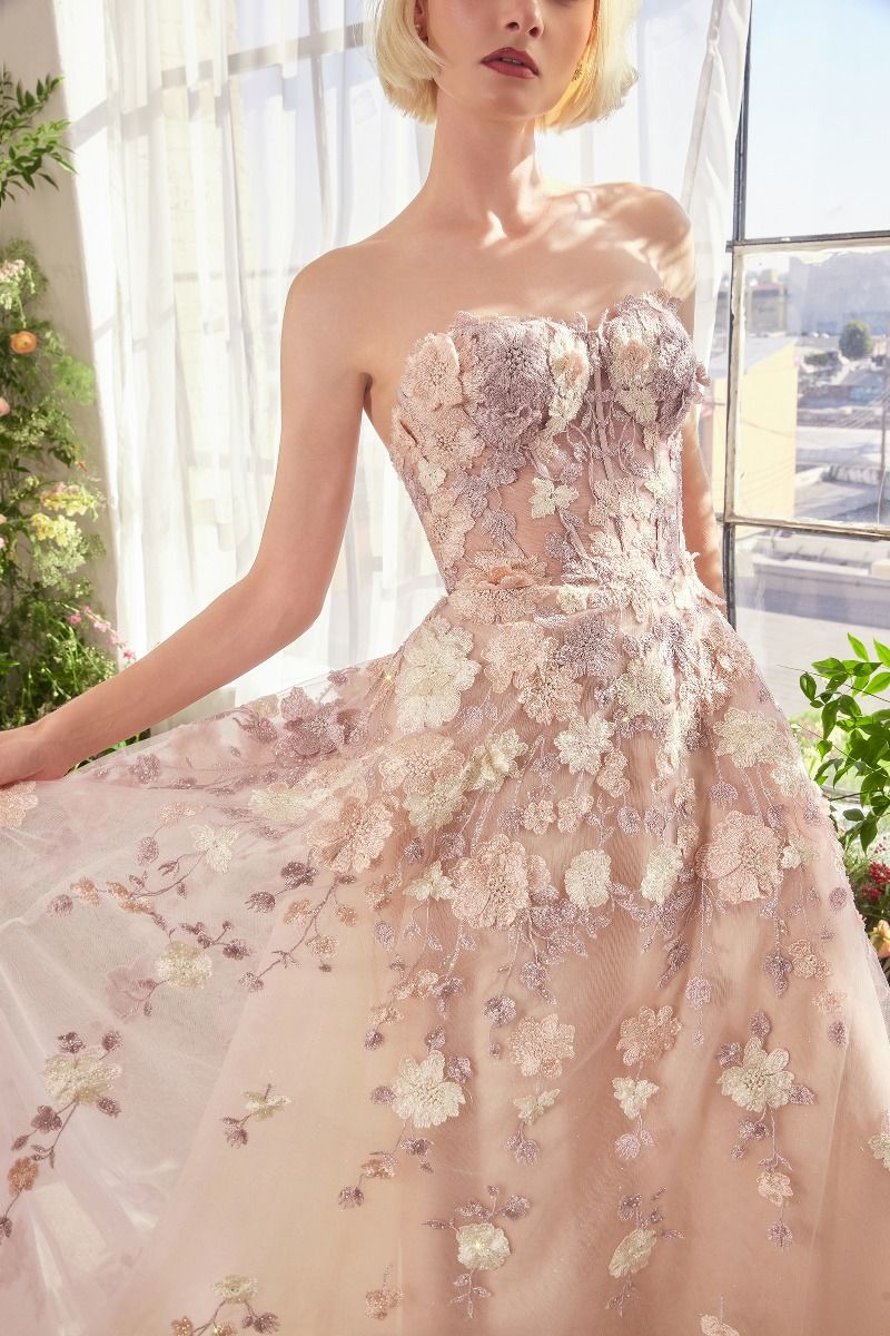 Andrea & Leo A1453 strapless floral embroidered A-line gown in mauve, featuring a sweetheart neckline and delicate tulle layers, perfect for prom and formal evening occasions.