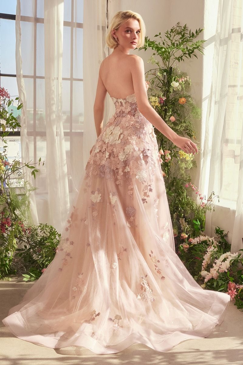 Andrea & Leo A1453 strapless floral embroidered A-line gown in mauve, featuring a sweetheart neckline and delicate tulle layers, perfect for prom and formal evening occasions.