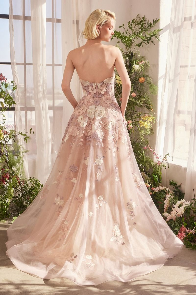 Andrea & Leo A1453 strapless floral embroidered A-line gown in mauve, featuring a sweetheart neckline and delicate tulle layers, perfect for prom and formal evening occasions.
