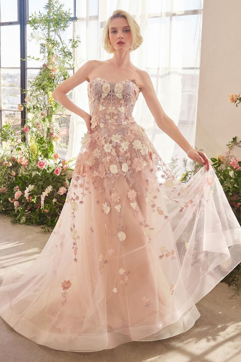 Andrea & Leo A1453 strapless floral embroidered A-line gown in mauve, featuring a sweetheart neckline and delicate tulle layers, perfect for prom and formal evening occasions.