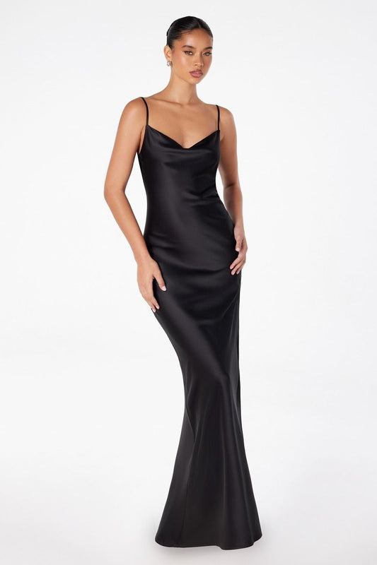 Astee - T2000P - Satin Cowl-Neck Gown with Draped Back