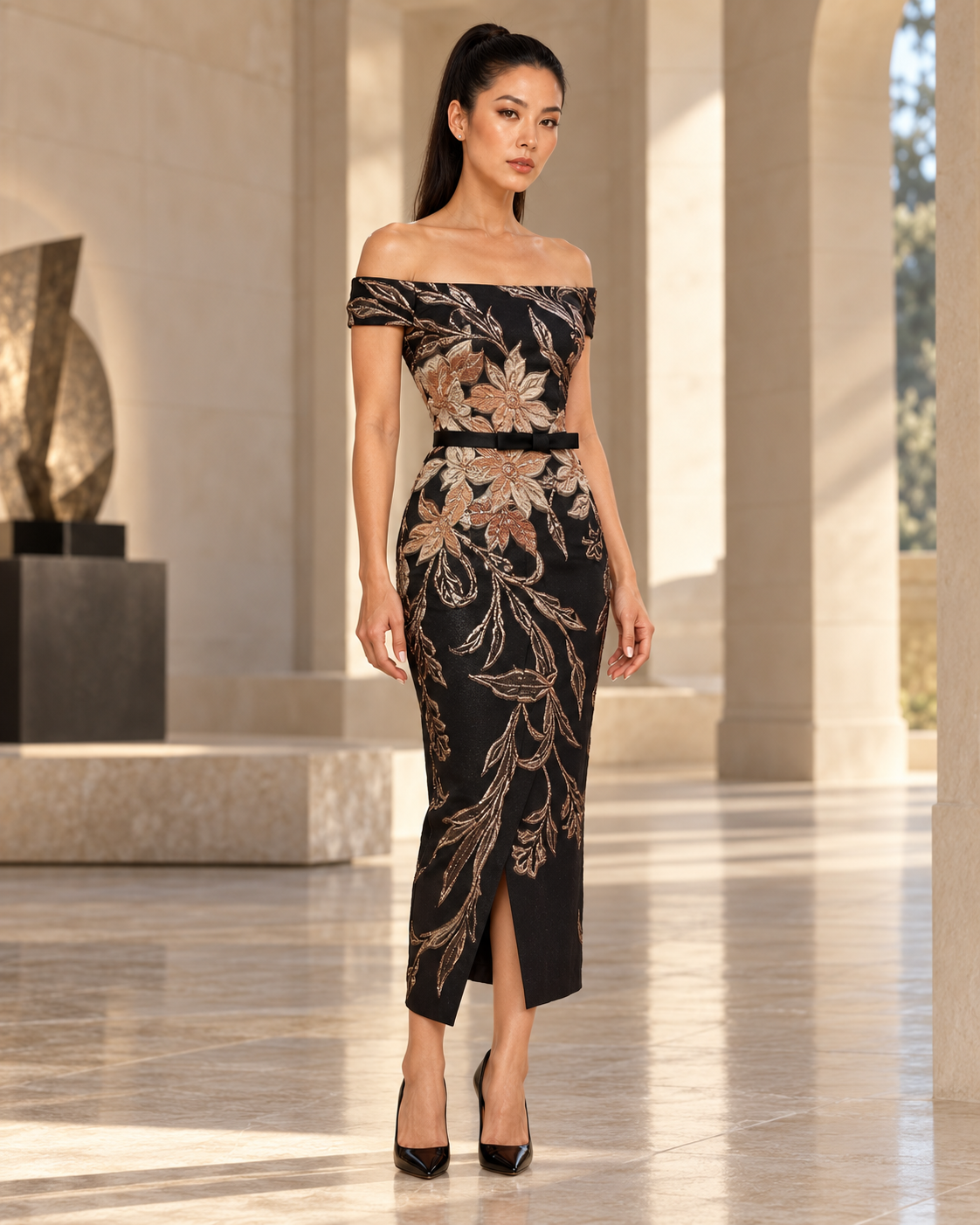 A woman models an off-the-shoulder black midi dress with a matching waist belt and beige floral embroidery, set in a grand, sunlit classical hall with stone columns.