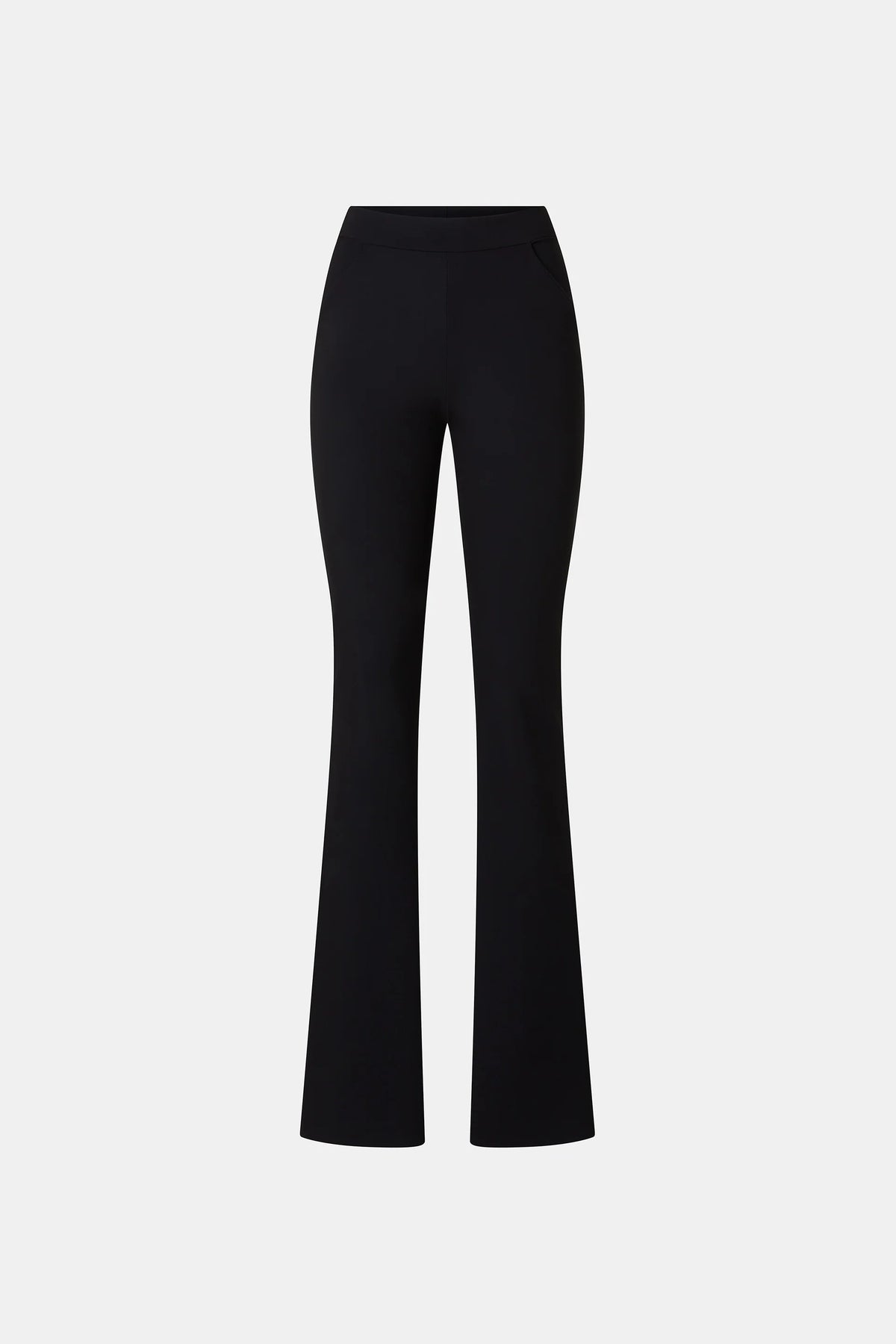 Black flared trousers shown flat against a light gray background.