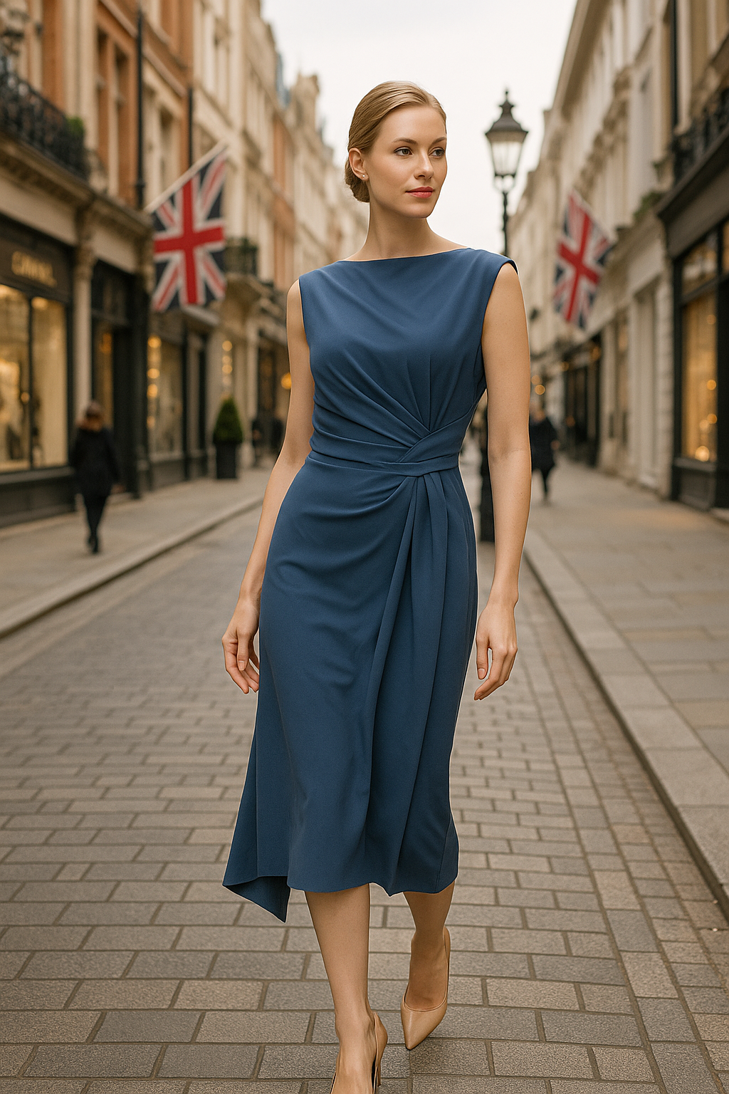 Woman in a blue dress walking down a street with British flags in the background