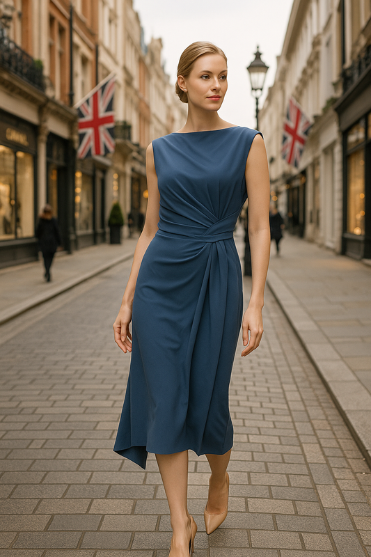 Woman in a blue dress walking down a street with British flags in the background