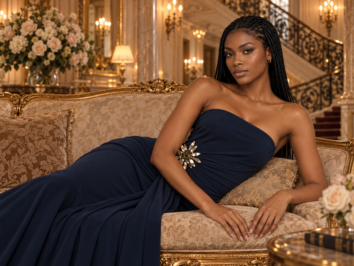 A woman reclining on an ornate gold and beige sofa in a luxurious interior, wearing a strapless navy blue gown with a jeweled embellishment at the waist.