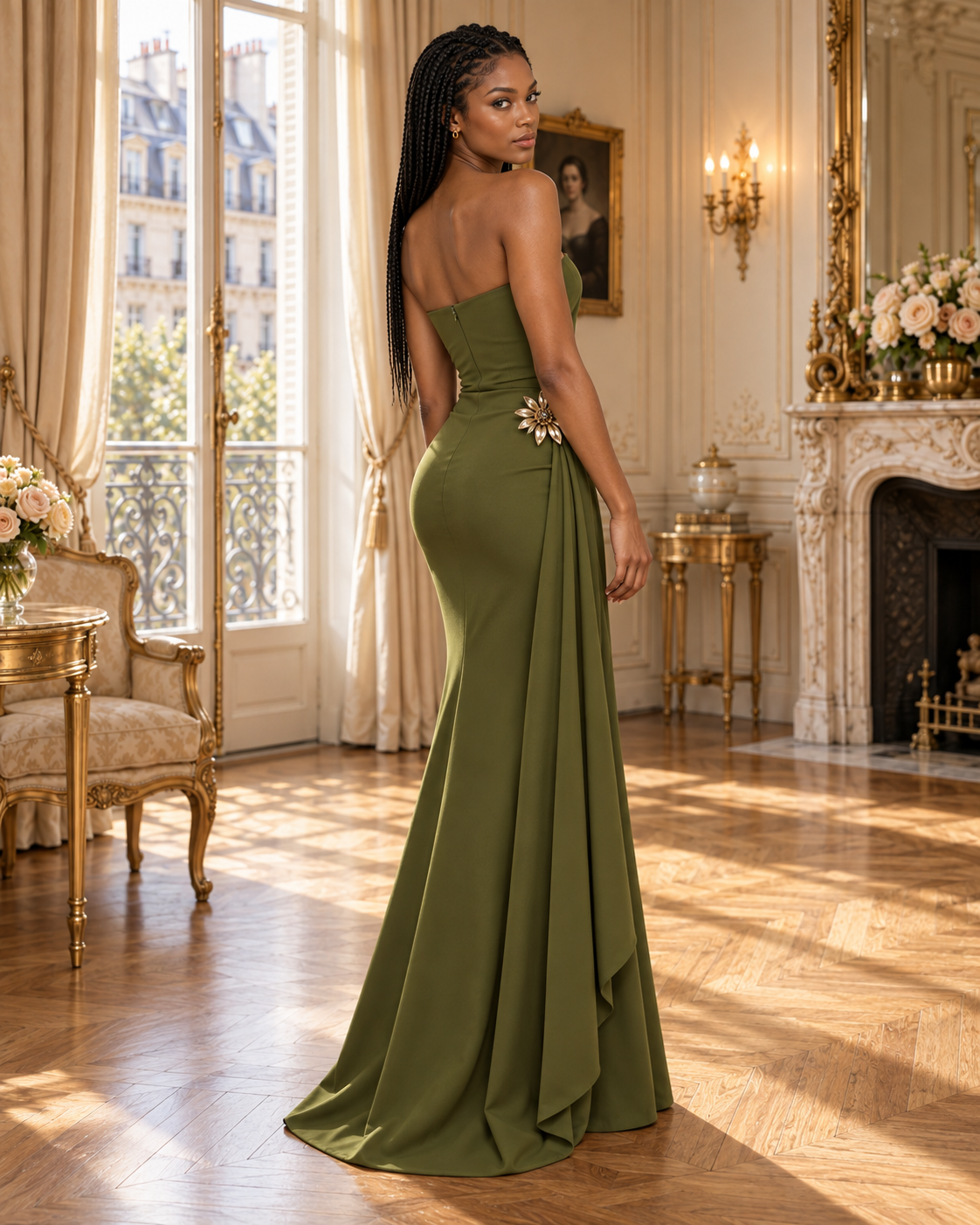 A woman stands in a grand, sunlit room wearing a strapless matcha (green) gown with a fitted bodice, draped side detail, and a decorative jeweled embellishment near the waist. The room features ornate cream walls, gold-framed windows, a fireplace, and wood floors.