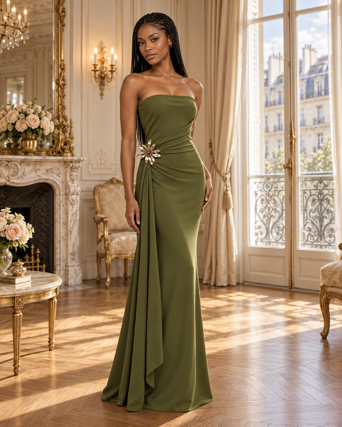 A woman stands in an elegant interior room wearing a strapless matcha (green) color floor-length gown with a ruched waist and a jeweled embellishment at the hip. The room has cream drapery, a fireplace, gold furniture, and large windows with a Parisian balcony view.