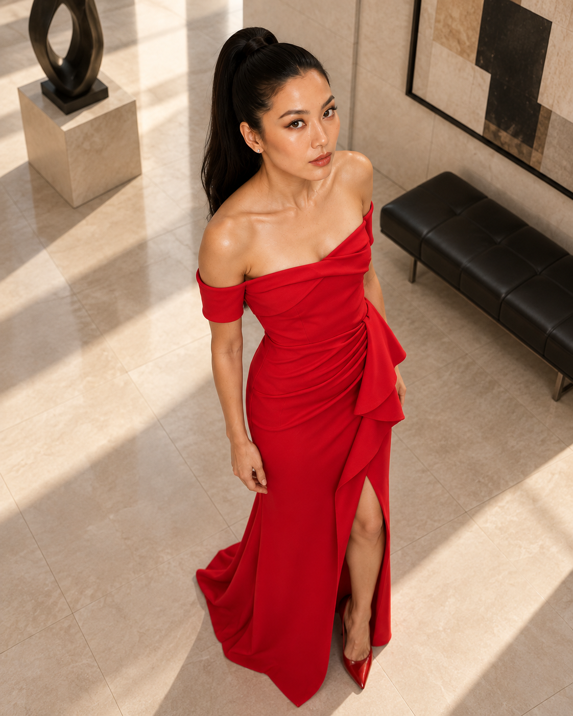 A woman wearing a vibrant red off-the-shoulder floor-length gown with a high thigh slit, standing in a modern interior with beige stone floors and a black leather bench.