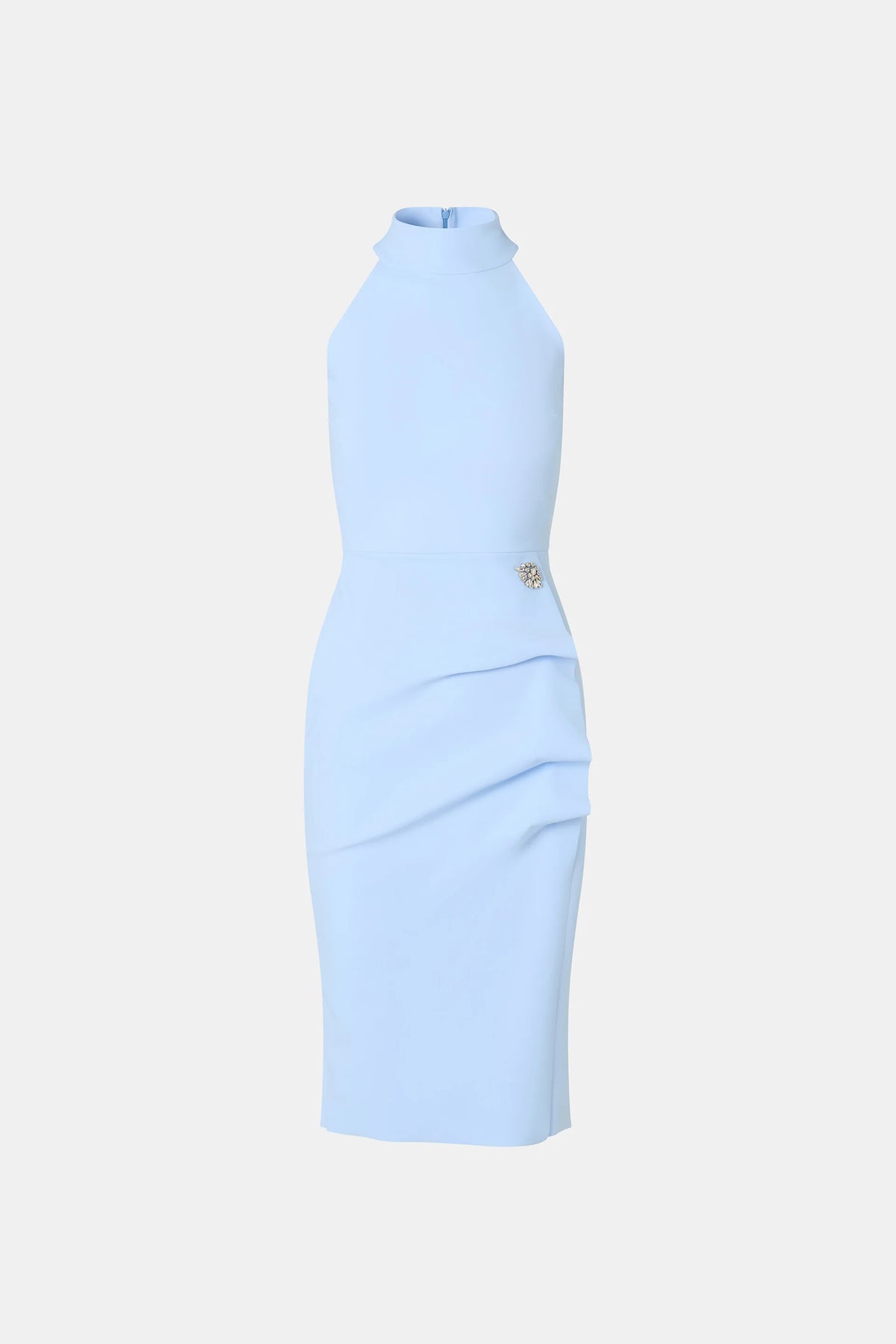 A light blue sleeveless mock-neck dress with a draped, gathered skirt and a small gold button detail at the waist, shown against a light gray background.