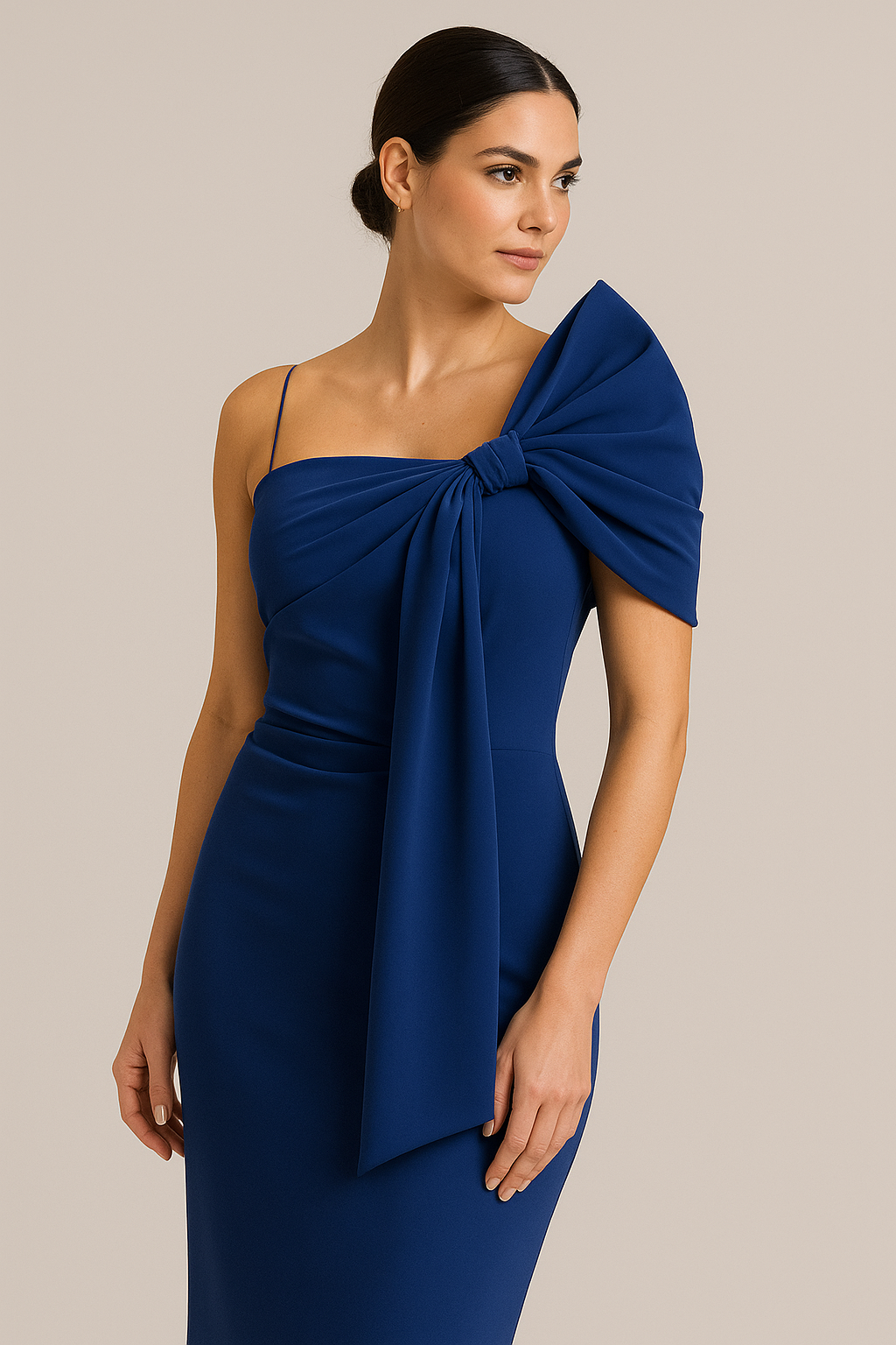 Woman wearing a blue one-shoulder dress with a large bow on a beige background